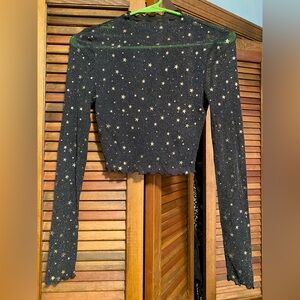 SHEIN Black Star Mesh Cropped Long Sleeve Top